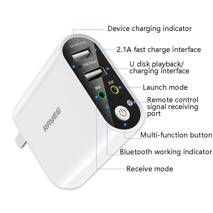 RAYEE K8 Remote Control Version 2 in 1 Bluetooth 5.0 Receiver & Transmitter Audio Adapter Support Fast Charge U Disk, US Plug - Audio Receiver Transmitter by PMC TechLife | Online Shopping South Africa | PMC TechLife