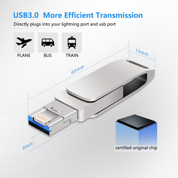 64GB USB 3.0 + 8 Pin + USB-C / Type-C 3 in 1 Phone Computer Metal Rotatable U-Disk(Black) - U Disk & Card Reader by PMC TechLife | Online Shopping South Africa | PMC TechLife