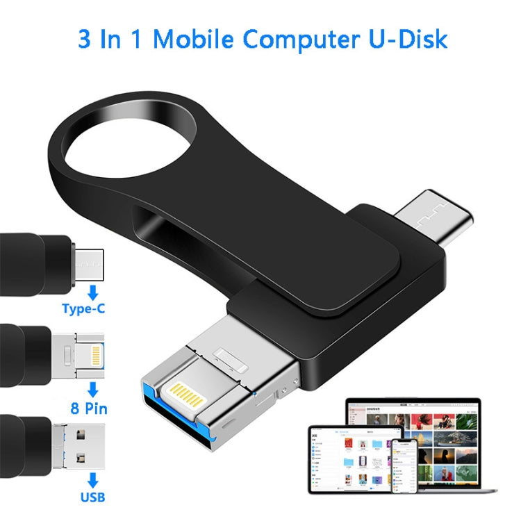 64GB USB 3.0 + 8 Pin + USB-C / Type-C 3 in 1 Mobile Computer Metal U-Disk(Pink) - U Disk & Card Reader by PMC TechLife | Online Shopping South Africa | PMC TechLife