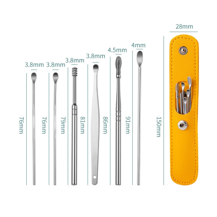 5 Sets 6 In 1 Stainless Steel Spring Spiral Portable Ear Pick, Specification: Yellow Leather Case - Ear Care Tools by PMC Jewellery | Online Shopping South Africa | PMC Jewellery