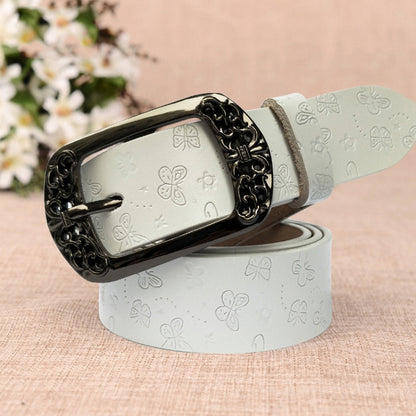 ZK--067 Retro Engraved Buckle Butterfly Print Pin Buckle Leather Belt, Length: 110cm(White) - Belts by PMC Jewellery | Online Shopping South Africa | PMC Jewellery