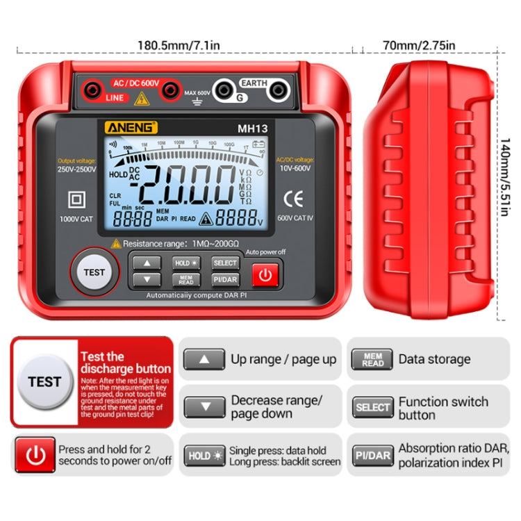 ANENG MH13 High Voltage Digital Electronic Meter Insulation Resistance Tester(Red) - Current & Voltage Tester by ANENG | Online Shopping South Africa | PMC Jewellery | Buy Now Pay Later Mobicred