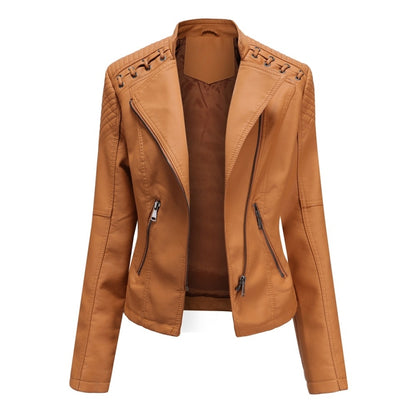 Women Short Leather Jacket Slim Jacket Motorcycle Suit, Size: S(Camel) - Jacket & Loose Coat by PMC Jewellery | Online Shopping South Africa | PMC Jewellery