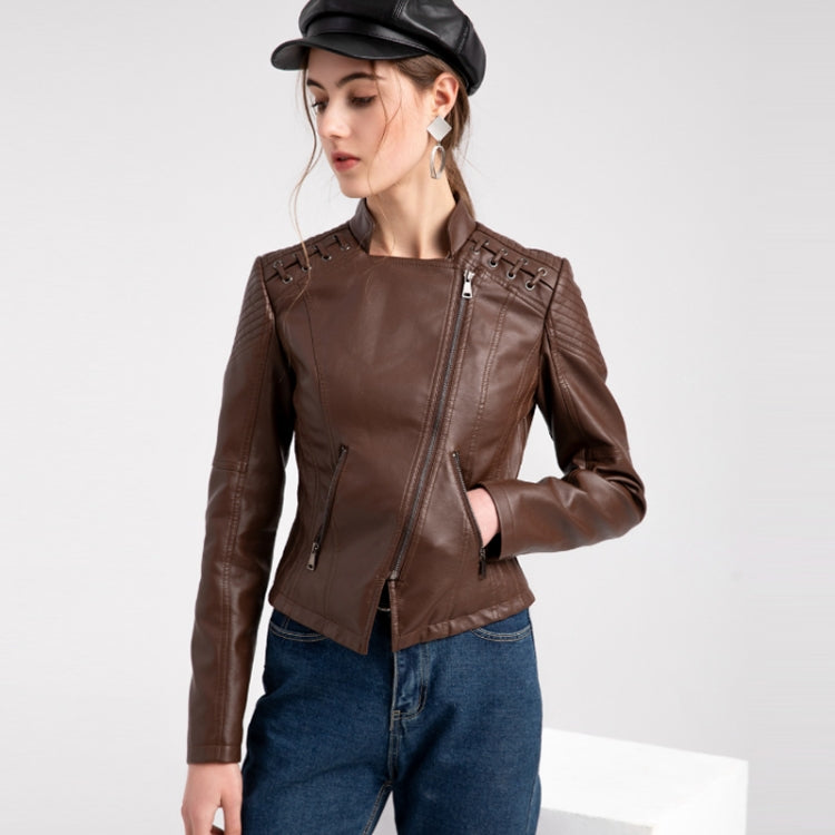 Women Short Leather Jacket Slim Jacket Motorcycle Suit, Size: XL(Khaki) - Jacket & Loose Coat by PMC Jewellery | Online Shopping South Africa | PMC Jewellery