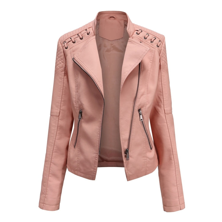 Women Short Leather Jacket Slim Jacket Motorcycle Suit, Size: XL(Pink) - Jacket & Loose Coat by PMC Jewellery | Online Shopping South Africa | PMC Jewellery
