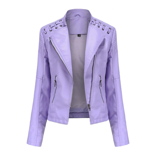 Women Short Leather Jacket Slim Jacket Motorcycle Suit, Size: XXXL(Pale Lisianthus) - Jacket & Loose Coat by PMC Jewellery | Online Shopping South Africa | PMC Jewellery