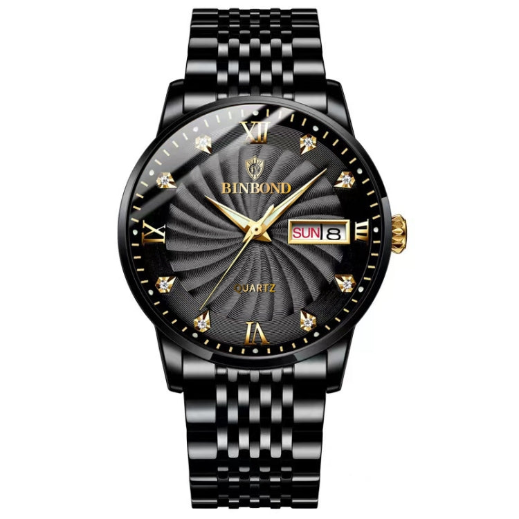 BINBOND B3034 Diamond 30m Waterproof Business Watch Men's Butterfly Buckle Luminous Quartz Watch(Black Steel-Black-Gold Nail) - Metal Strap Watches by BINBOND | Online Shopping South Africa | PMC Jewellery | Buy Now Pay Later Mobicred