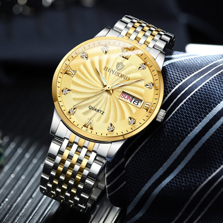 BINBOND B3034 Diamond 30m Waterproof Business Watch Men's Butterfly Buckle Luminous Quartz Watch(Full-gold-Black-Gold Nail) - Metal Strap Watches by BINBOND | Online Shopping South Africa | PMC Jewellery | Buy Now Pay Later Mobicred