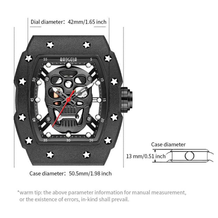 BAOGELA 224141 Hollow Skull Luminous Sports 304 Stainless Steel Silicone Men Watch(Steel Shell White Face Black Belt) - Silicone Strap Watches by BAOGELA | Online Shopping South Africa | PMC Jewellery