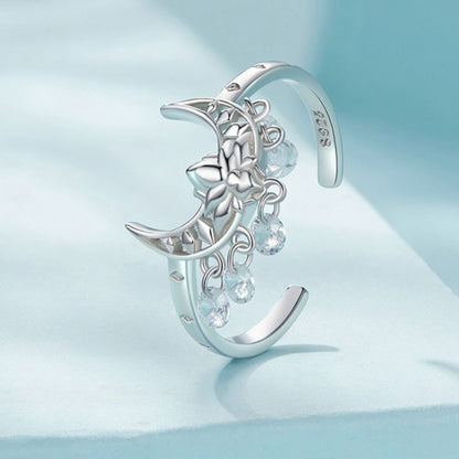 SCR955-E S925 Sterling Silver Moon Lotus Ring - Rings by PMC Jewellery | Online Shopping South Africa | PMC Jewellery