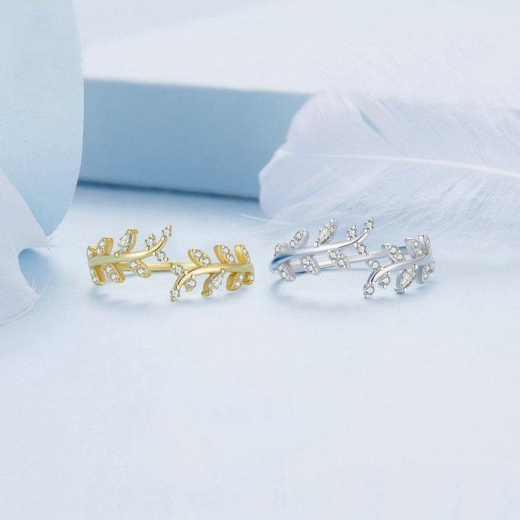 Willow Leaf Opening Sterling Silver Simple Zirconia Tree Branch Ring Bracelet(Golden) - Rings by PMC Jewellery | Online Shopping South Africa | PMC Jewellery