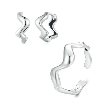 Sterling Silver Simple Wavy Earrings Ring Set - Jewelry Sets by PMC Jewellery | Online Shopping South Africa | PMC Jewellery