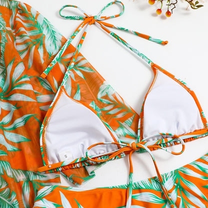 Leaf-print Waist Lace-up Three-Piece Bikini Set Long-sleeved Beach Sun Protection Swimsuit, Size: S(Blue) - Swimwear by PMC Jewellery | Online Shopping South Africa | PMC Jewellery