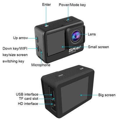 5K/30FPS WIFI HD Anti-Shake Remote Touch Dual-Screen IP68 Waterproof Sports Camera, Style: Black - Other Camera by PMC Jewellery | Online Shopping South Africa | PMC Jewellery