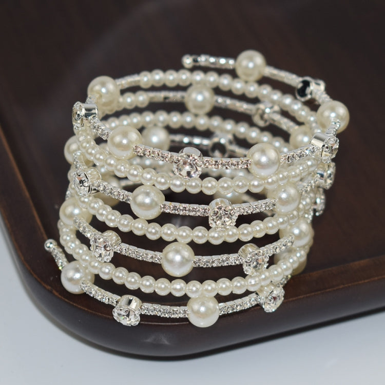 7 Row Silver Simple Rhinestone Pearl Wrapped Arm Bracelet Versatile Bracelet - Bracelets by PMC Jewellery | Online Shopping South Africa | PMC Jewellery
