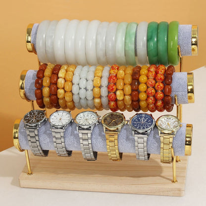 Three Layer Wooden Bottom Metal Stand Jewelry Display Stand Bracelet Watch Bangle Show Rack, Color: White Leather - Jewelry Storages by PMC Jewellery | Online Shopping South Africa | PMC Jewellery