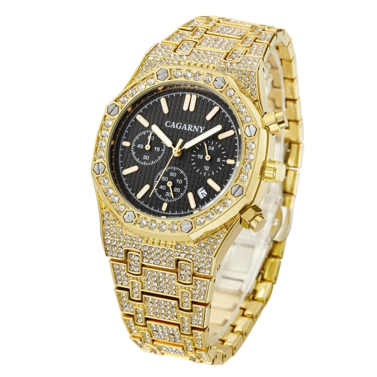 CAGARNY 6881 Diamond-studded Six-needles Guartz Dual Movement Watch Men Stainless Steel Strap Watch (Gold Shell Black Dial) - Metal Strap Watches by CAGARNY | Online Shopping South Africa | PMC Jewellery | Buy Now Pay Later Mobicred