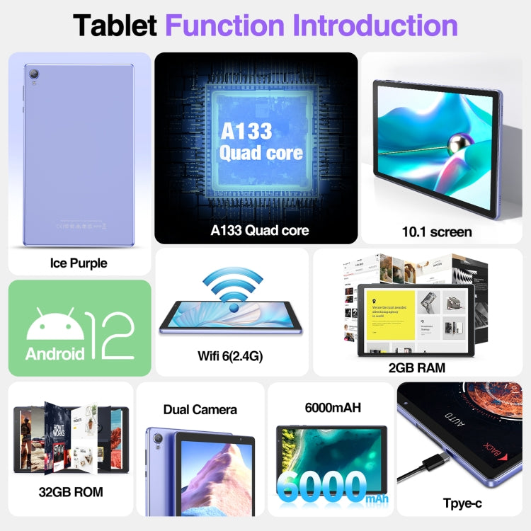 D10A 10.1 inch Tablet PC, 2GB+32GB, Android 12 Allwinner A133 Quad Core CPU, Support WiFi 6 / Bluetooth, Global Version with Google Play, US Plug (Purple) - 10.1 inch by PMC Jewellery | Online Shopping South Africa | PMC Jewellery