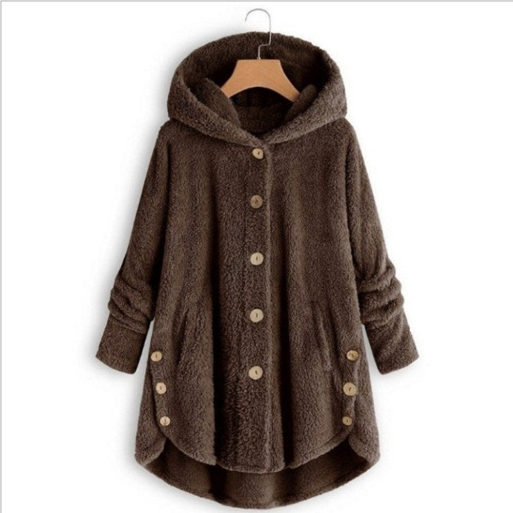 Button Plush Irregular Solid Color Coat (Color:Coffee Size:M) - Hoodie by PMC Jewellery | Online Shopping South Africa | PMC Jewellery