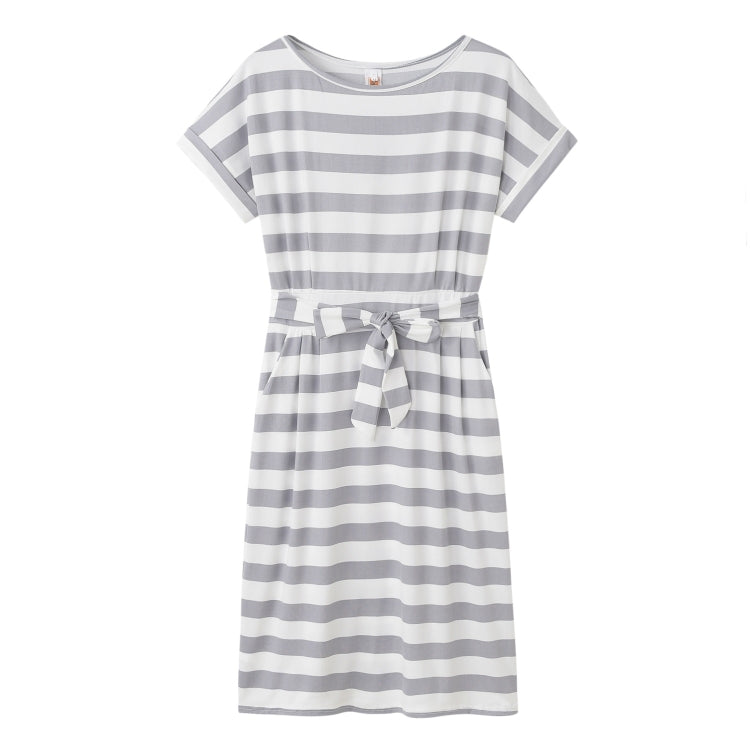 Slim-fit Waist Slimming Round Neck Striped Belt Dress (Color:Thick Striped Gray Size:M) - Dress by PMC Jewellery | Online Shopping South Africa | PMC Jewellery