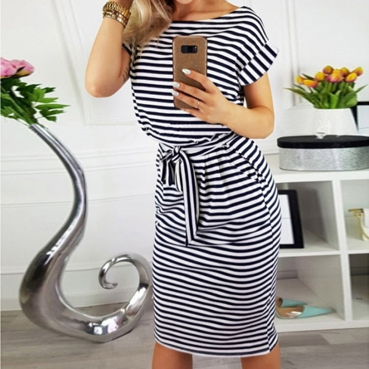 Slim-fit Waist Slimming Round Neck Striped Belt Dress (Color:Pinstripe Black Size:XXXL) - Dress by PMC Jewellery | Online Shopping South Africa | PMC Jewellery